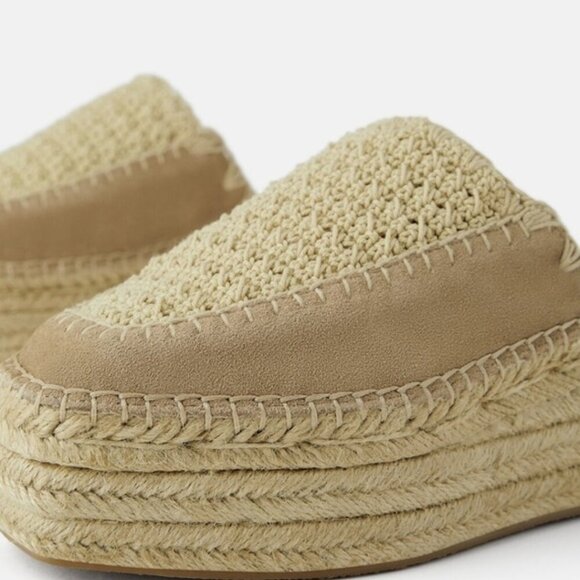 NWOT Zara ecru and khaki suede crochet espadrille platform sandals, EU 38 - Picture 4 of 14
